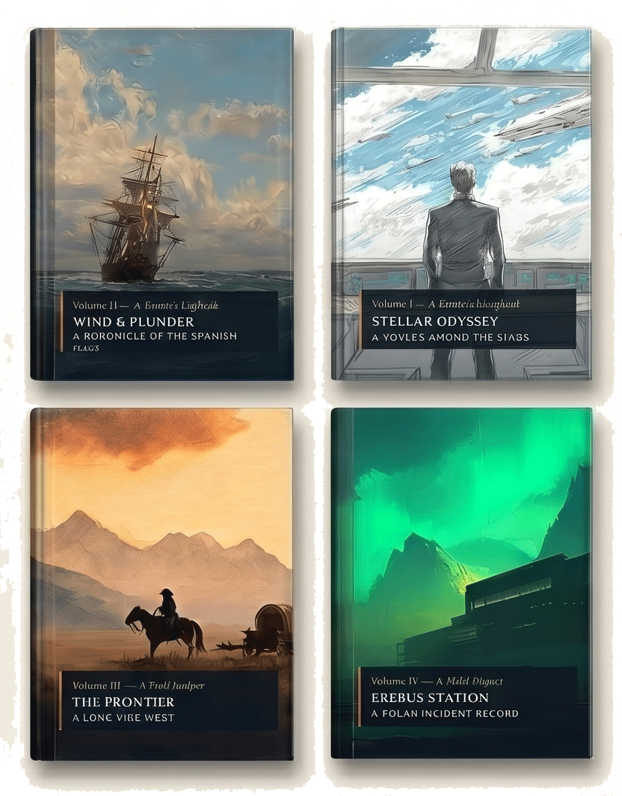 Four Wanderhold volumes: Stellar Odyssey, Wind & Plunder, The Frontier, Erebus Station